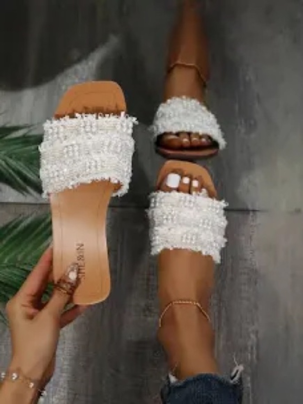 Women's Pearl-Embellished Cream Slide Sandals